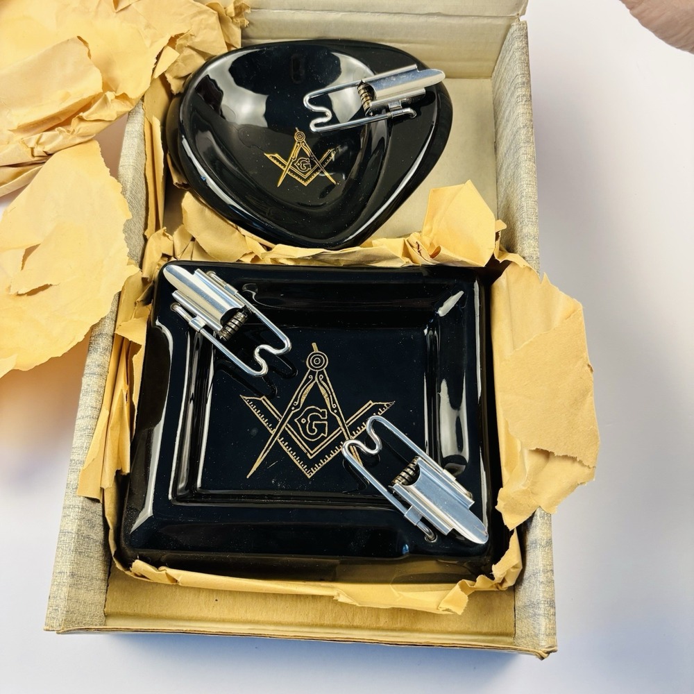 2 Antique Saf-T-Tray MASONIC Auto ASHTRAYS Working 22k Gold Original Box 1960s